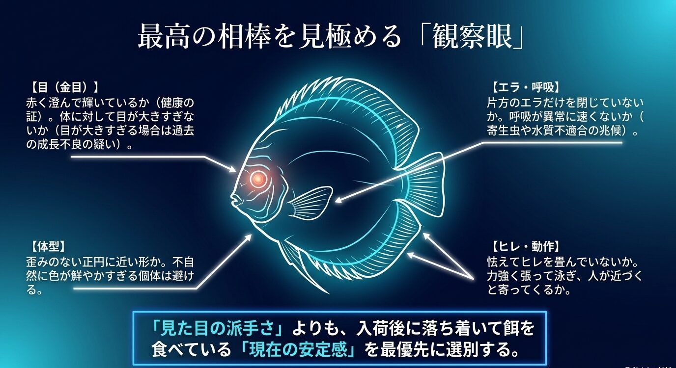 ディスカスの目、体型、エラ、ヒレと動きについて、健康な個体を見分ける観察ポイントを矢印付きで示した図。