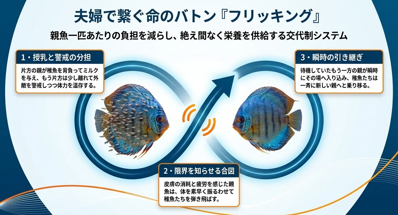 2匹のディスカス親魚が稚魚を交互に背負い、フリッキングで育児を交代する流れを矢印付きで示した図。