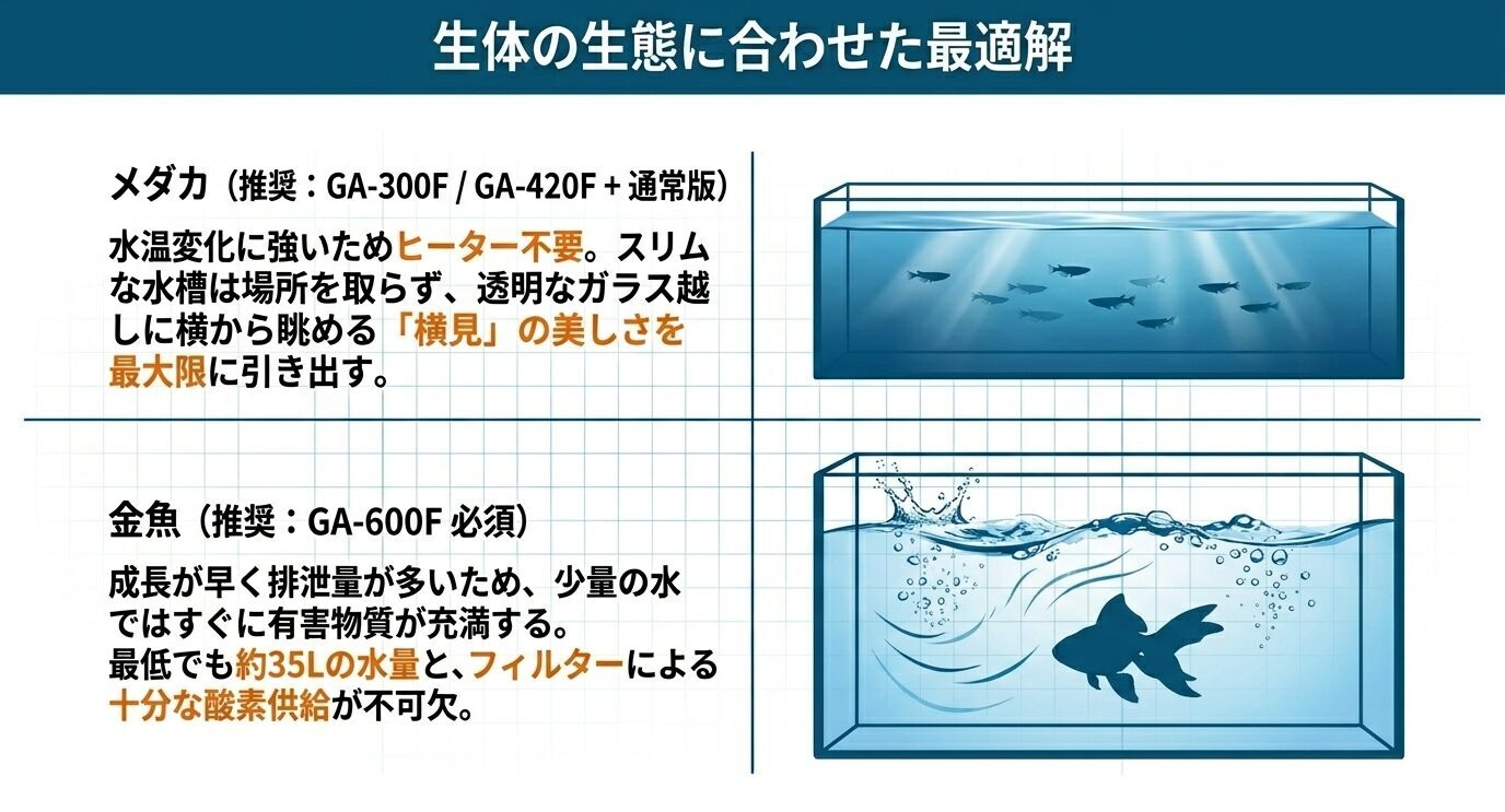 メダカにはGA-300FまたはGA-420F通常版、金魚にはGA-600F推奨と示した生体別の水槽選び画像