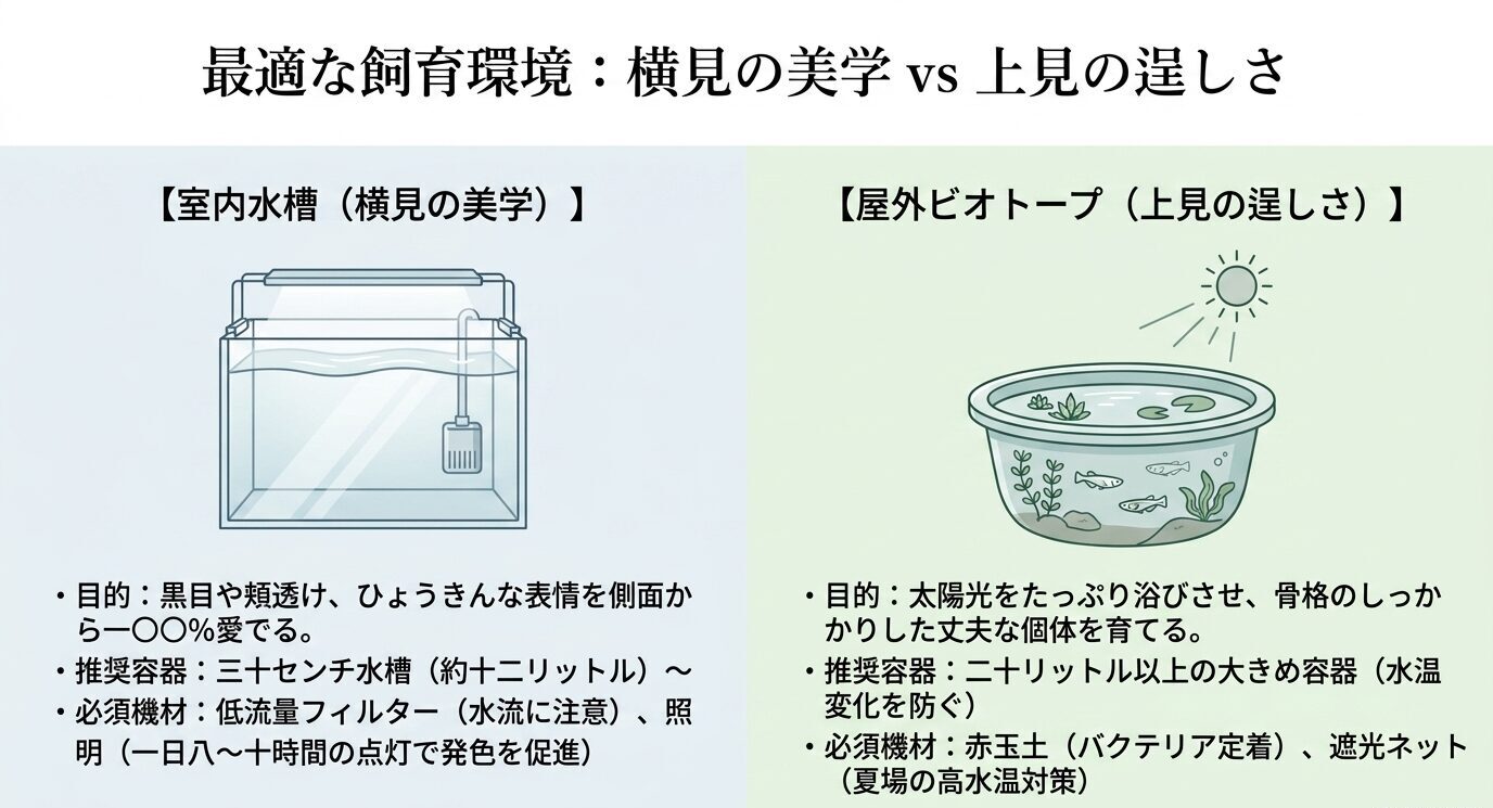 室内水槽の横見飼育と屋外ビオトープの上見飼育を並べ、目的、推奨容器、必要機材の違いをまとめた比較図。