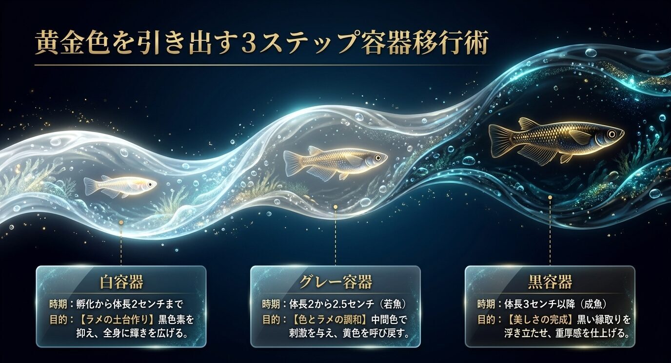 白容器、グレー容器、黒容器を、使用する時期と育成目的ごとに3段階で整理した容器移行フロー図。