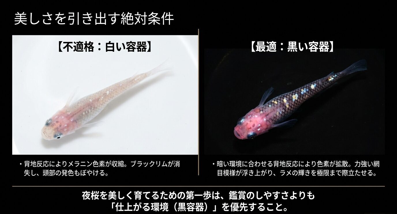 白い容器では色が薄く見える個体と、黒い容器ではブラックリムとラメが際立つ個体を左右で比較した画像。