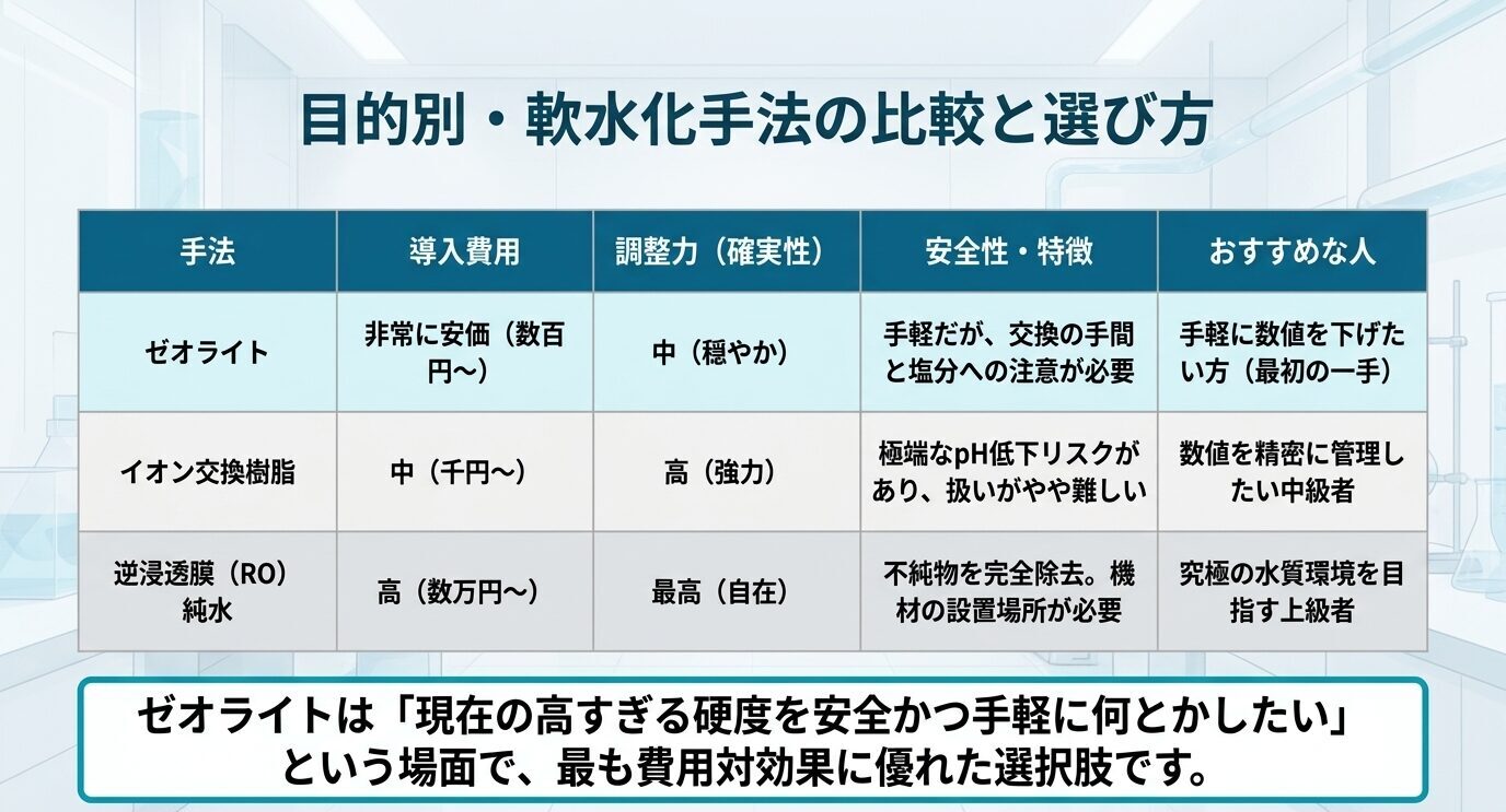 ゼオライト、イオン交換樹脂、RO水について導入費用、調整力、安全性、向いている人を比較した表。
