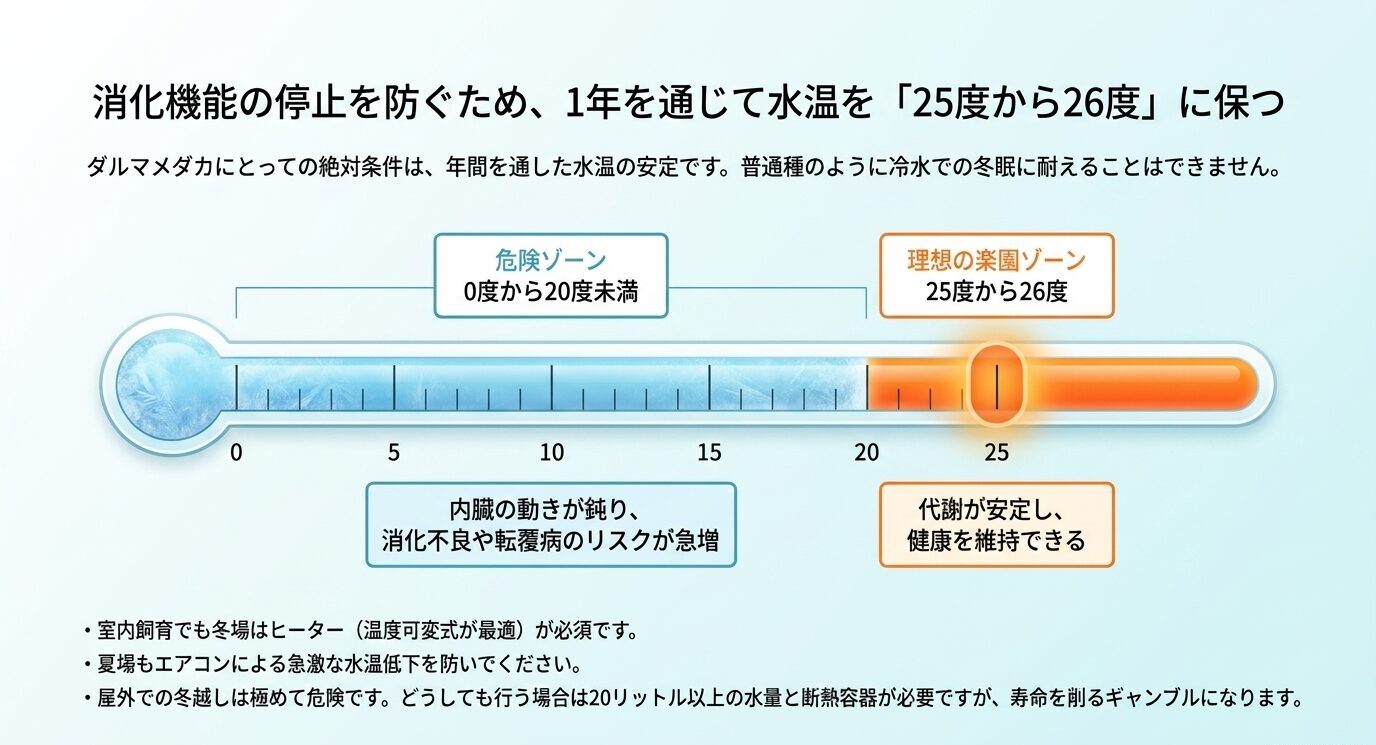 0℃から25℃以上までの温度帯を示し、0℃から20℃未満を危険ゾーン、25℃から26℃を理想の飼育温度として説明した図