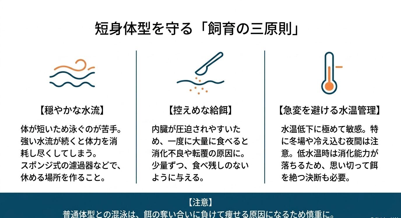 穏やかな水流、控えめな給餌、急変を避ける水温管理という、ダルマ系メダカの飼育で大切な三原則を示した図