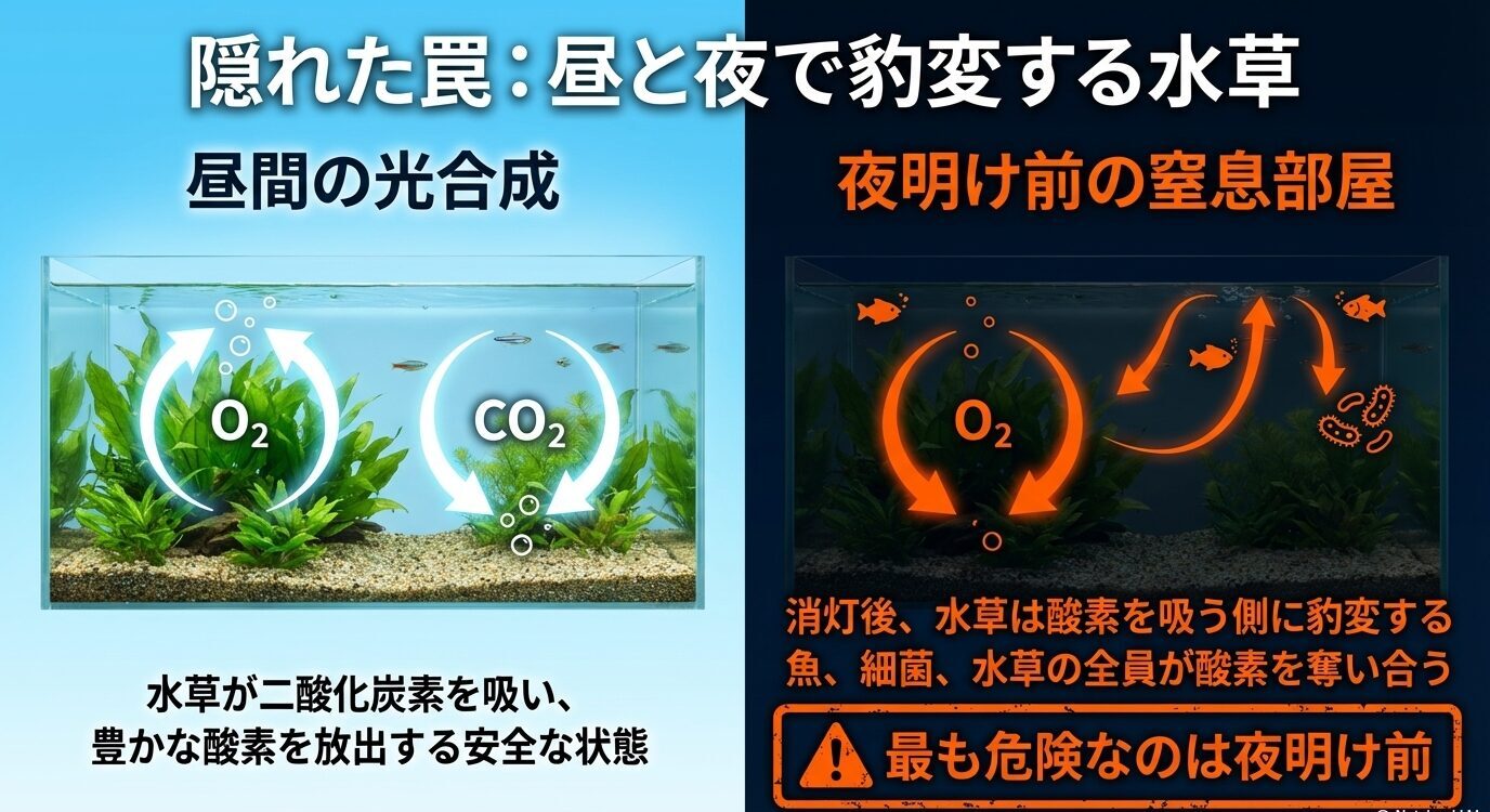 昼間の光合成と夜明け前の呼吸を比較した水草水槽の図。昼は酸素放出、夜は酸素消費に転じ、夜明け前が最も危険と示している
