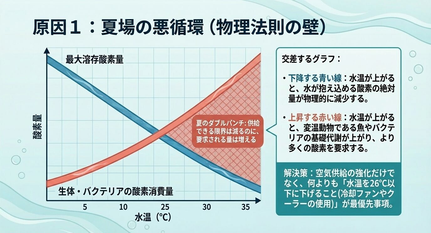水温上昇で最大溶存酸素量が減り、生体とバクテリアの酸素消費量が増える様子を示した交差グラフ