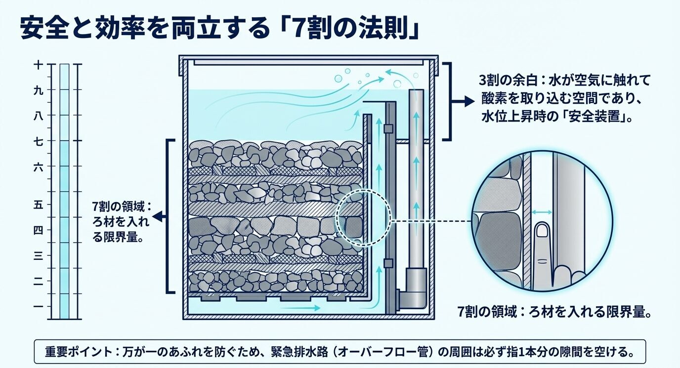 ろ過槽の断面図で、ろ材は7割まで、上部3割は酸素取り込みと安全のための空間として残すべきことを示した図。オーバーフロー管周辺の隙間も説明している。