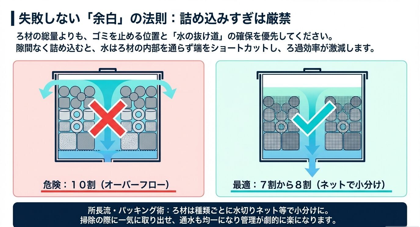 ろ材を詰め込みすぎた危険な配置と、7〜8割でネット小分けした適正配置を比較した図
