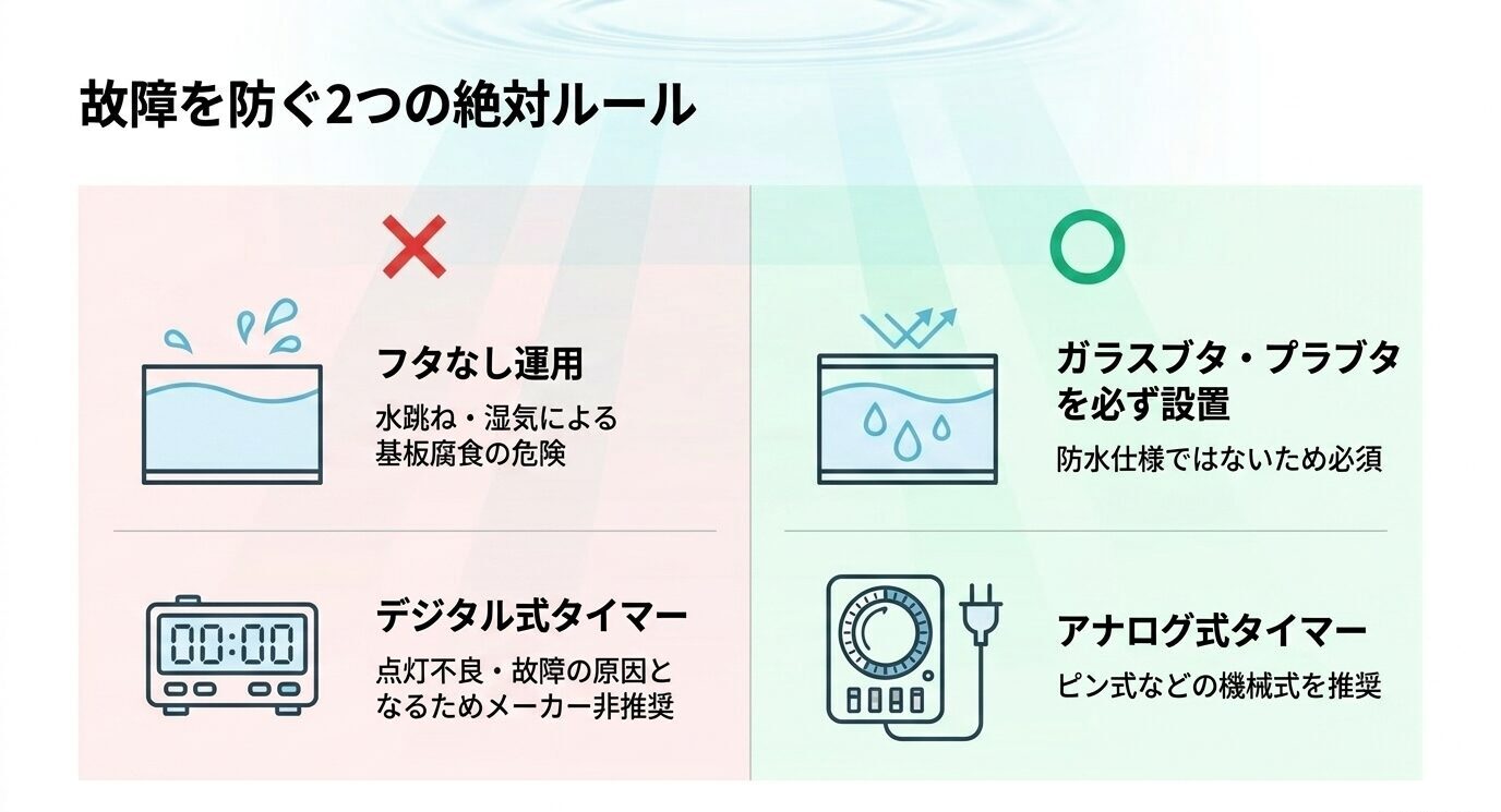 故障防止の注意点をまとめた図。フタなし運用とデジタル式タイマーは避け、ガラスブタまたはプラブタを設置し、アナログ式タイマーを使うべきことを示している。