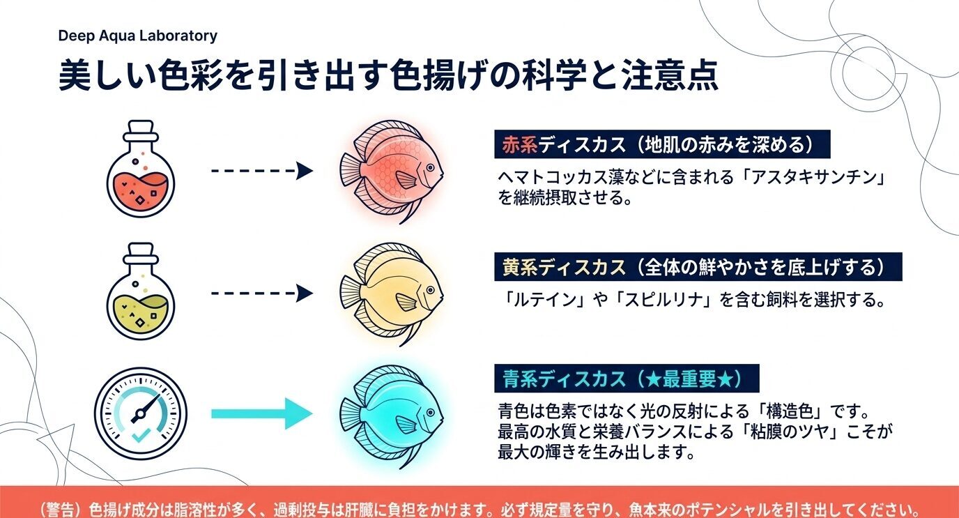 赤系はアスタキサンチン、黄系はルテインやスピルリナ、青系は水質と栄養バランスが重要であることを示した図