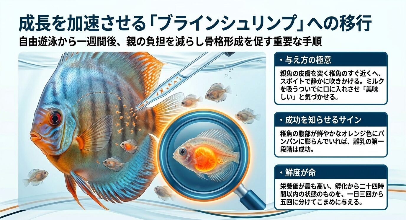 親魚の近くにスポイトでブラインシュリンプを与える様子と、オレンジ色に膨らんだ稚魚の腹部を示し、与え方・成功サイン・鮮度を解説した図。