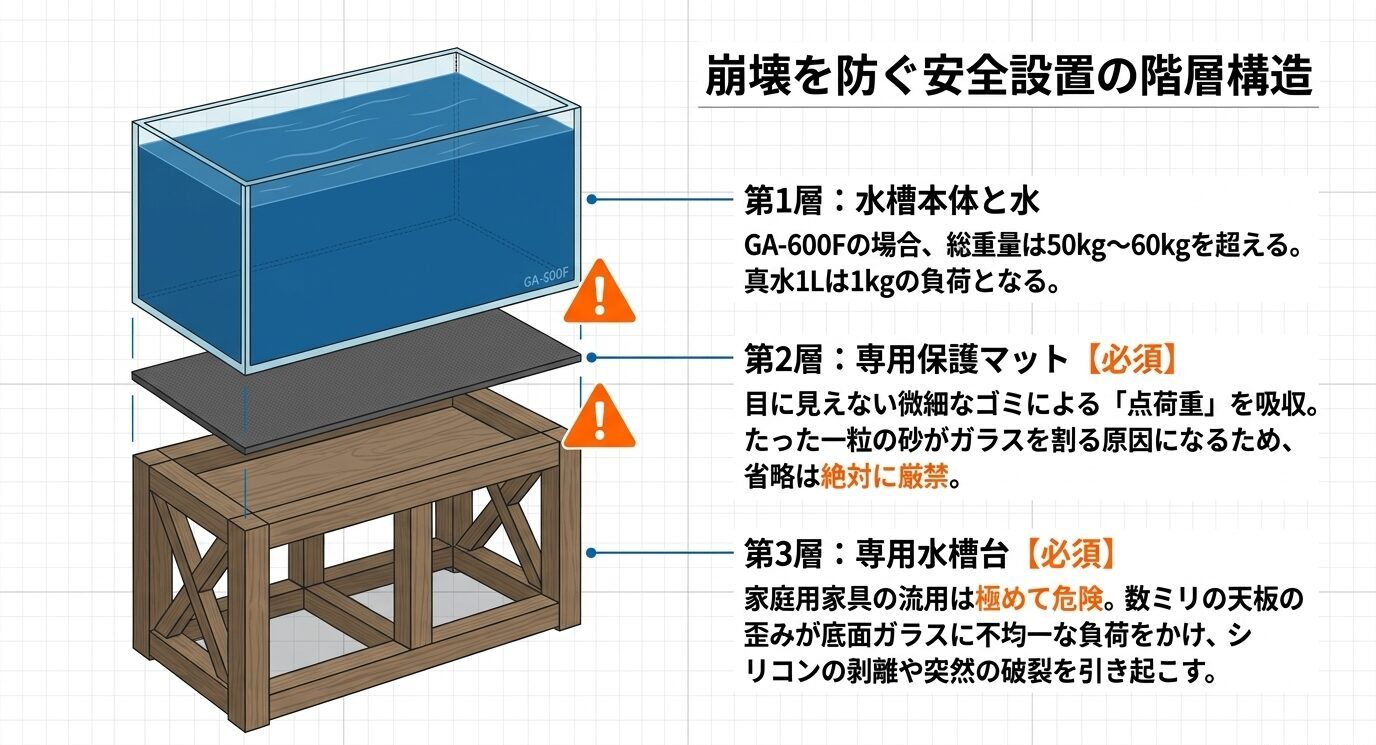 水槽本体、保護マット、専用水槽台の3層で安全に設置する構造と注意点を示した図