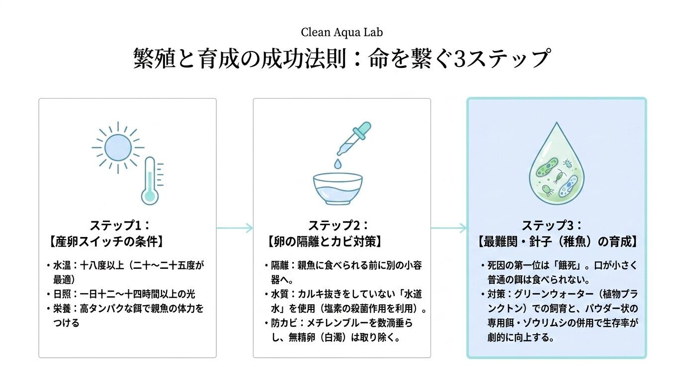 産卵の条件、卵の隔離とカビ対策、針子の育成という3段階で繁殖成功までの流れを示した図。