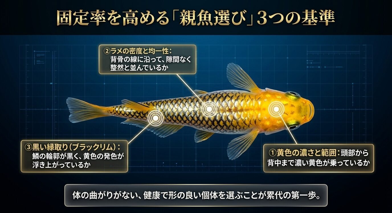 夜桜ゴールドの魚体に注釈を付け、黄色の濃さと範囲、ラメの密度と均一性、ブラックリムの有無という親魚選別の3基準を示した図。
