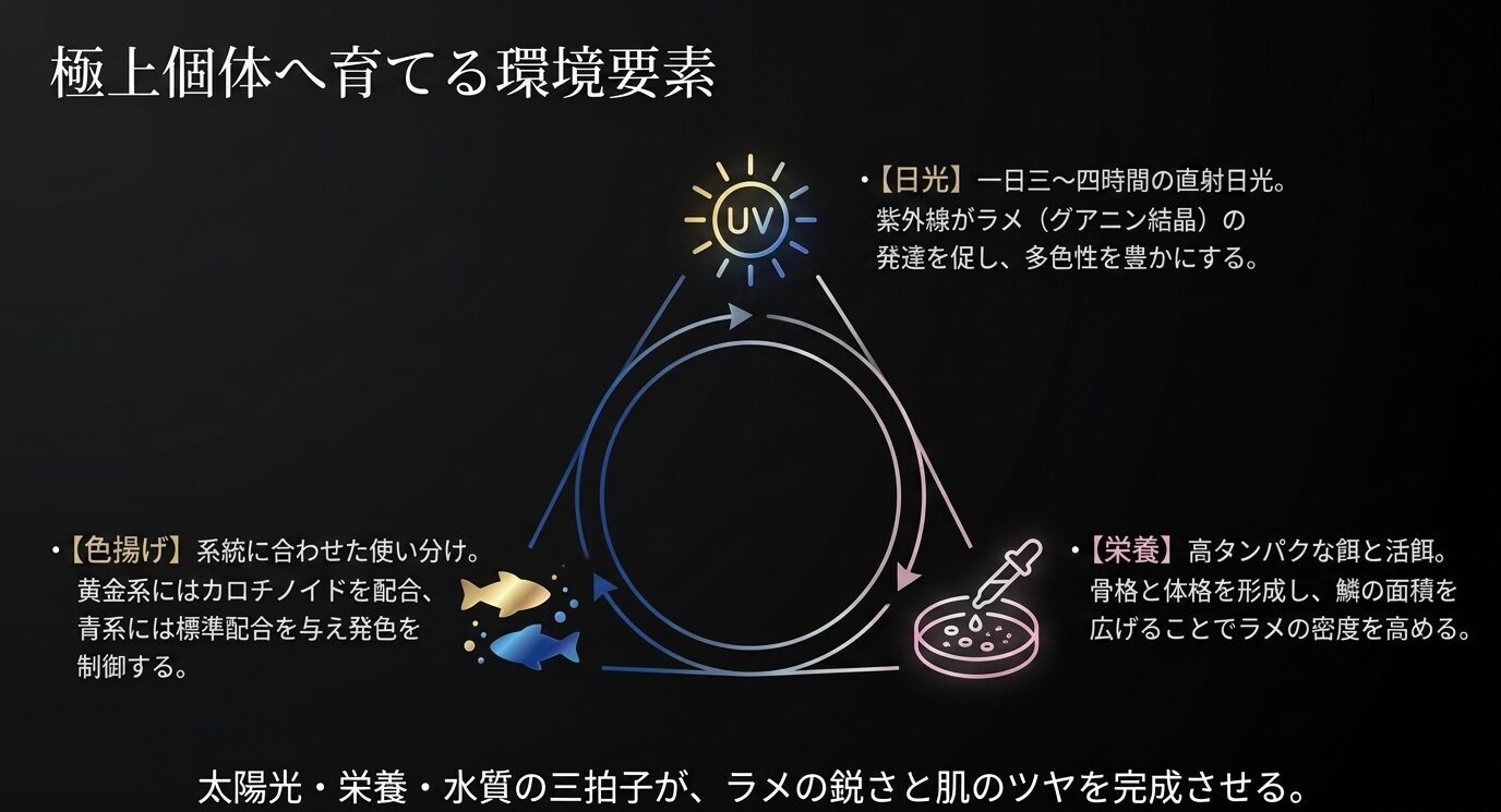 紫外線、栄養、色揚げの3要素が循環しながら夜桜メダカのラメと発色を高めることを示した図解スライド。