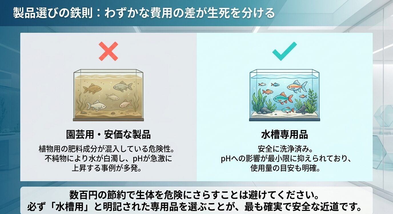 園芸用や安価なゼオライトは不純物やpH上昇のリスクがあり、水槽専用品は洗浄済みで安全性が高いことを比較した図。