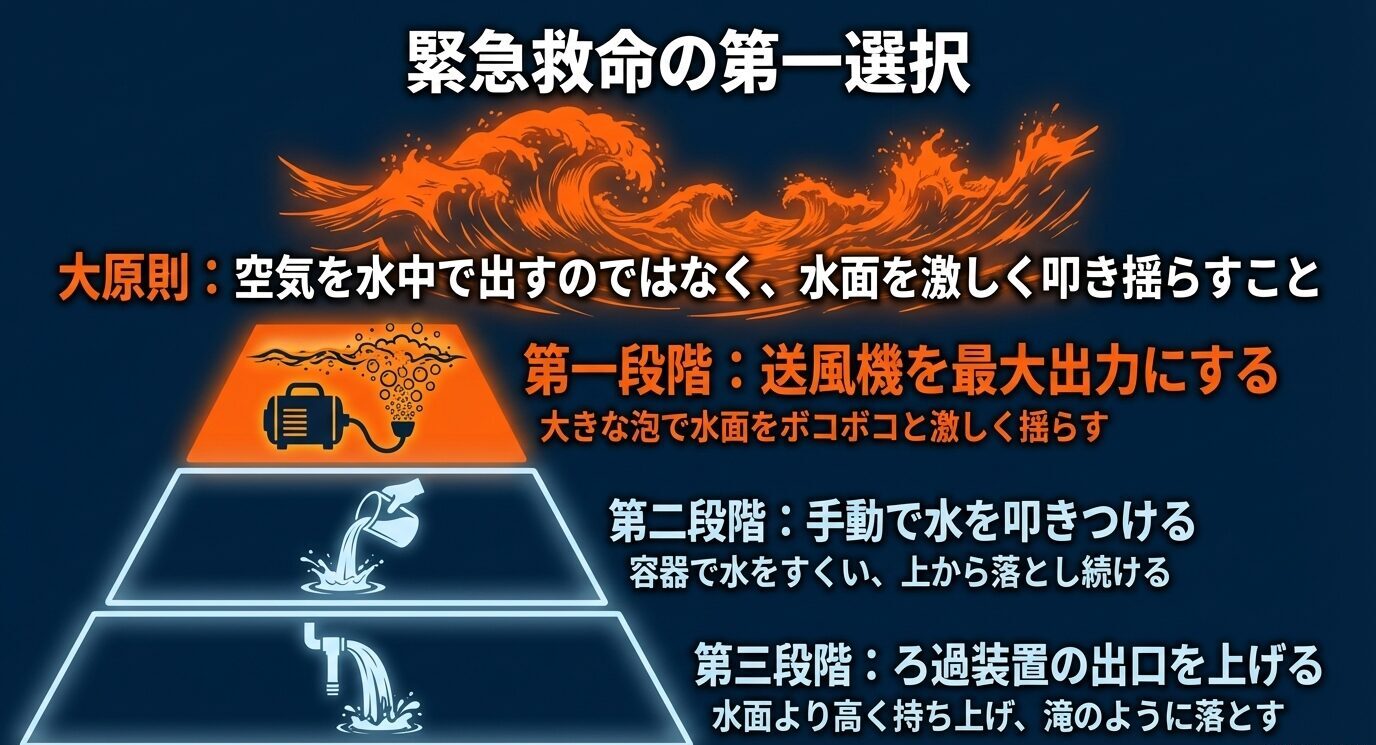 水面を強く揺らすことを大原則として、送風機最大出力、手動での水の攪拌、ろ過装置の出口を上げる方法を3段階で示した図