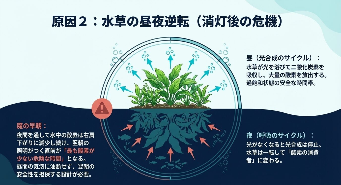 昼は水草が酸素を放出し、夜は酸素を消費して早朝に危険域へ近づく流れを示した模式図