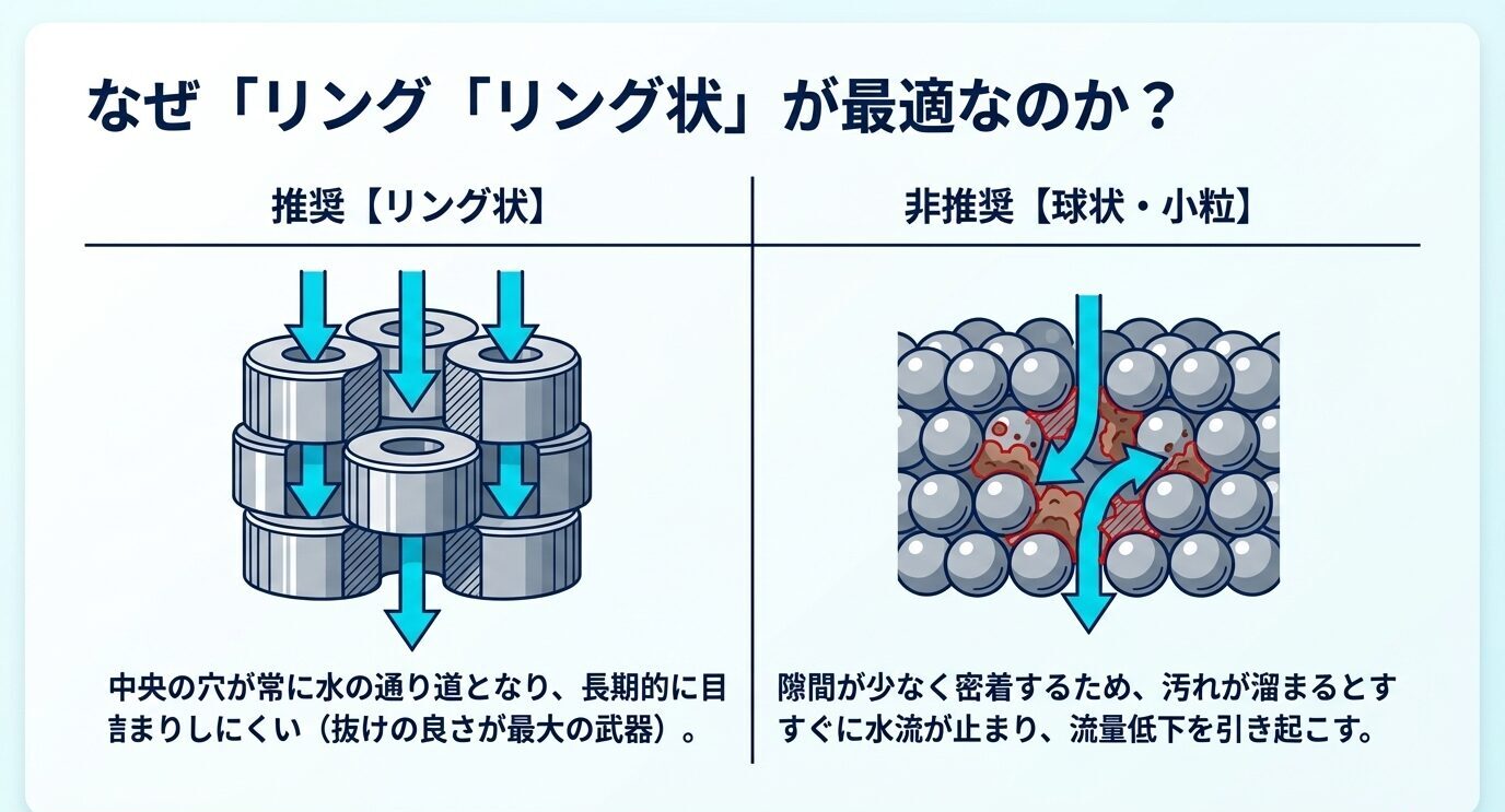 中央に穴のあるリング状ろ材は水の通り道を確保しやすく、球状や小粒ろ材は密集して汚れで詰まりやすいことを比較した図。
