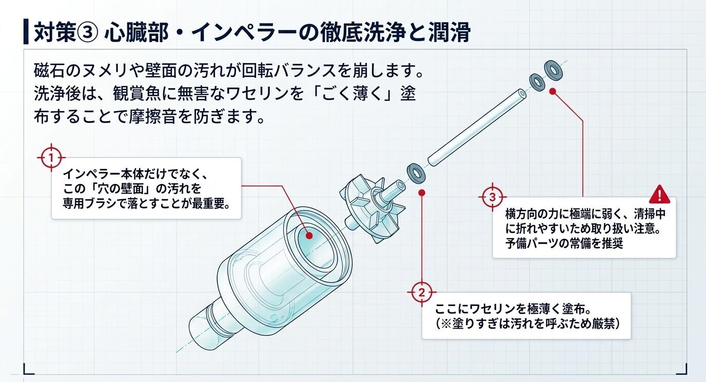 インペラー、シャフト、ワッシャーの分解図とともに、清掃すべき箇所、薄くワセリンを塗る位置、シャフト破損注意を示した図。
