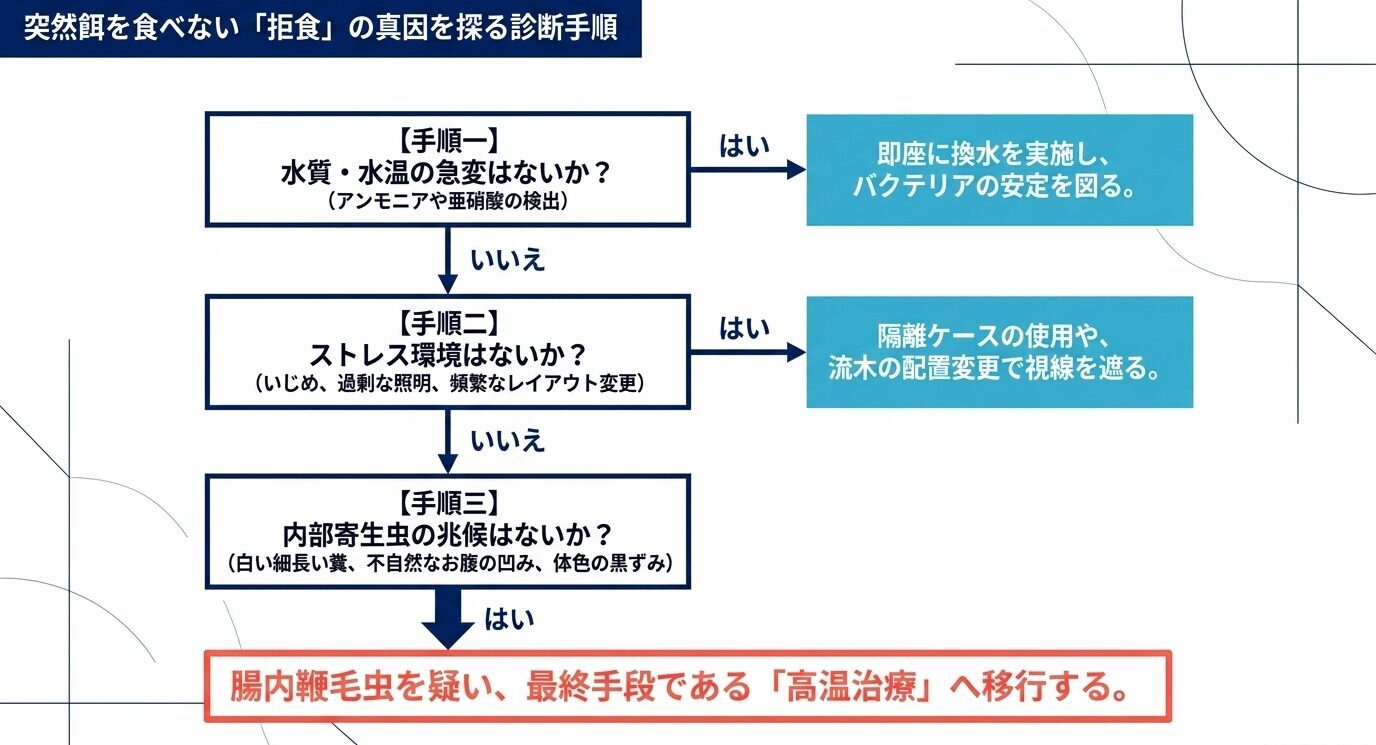 水質と水温、ストレス環境、内部寄生虫の順にディスカスの拒食原因を確認する診断フローチャート