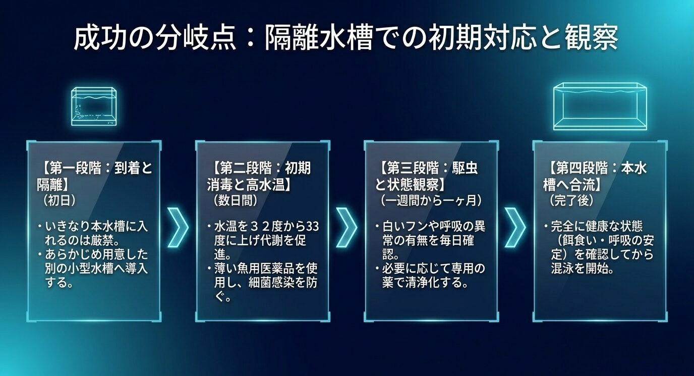 到着と隔離、初期消毒と高水温、駆虫と状態観察、本水槽合流の4段階で導入初期対応を示したフロー図。