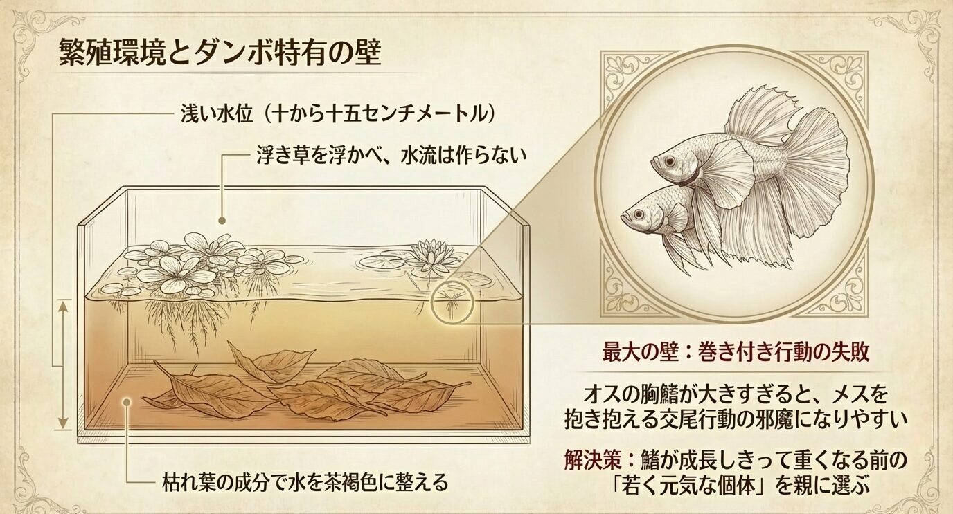 浅い水位の繁殖水槽に浮き草と枯れ葉を配置し、水流を作らないことや、大きな胸鰭が交尾時の巻き付き行動を妨げやすいことを示した図