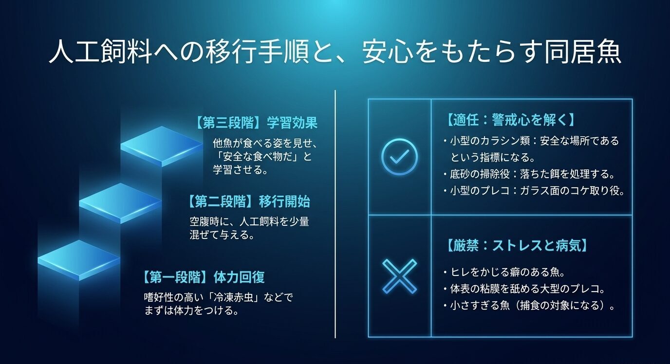 人工飼料への3段階の慣らし方と、安心感を与える同居魚・避けるべき魚を左右にまとめた図。