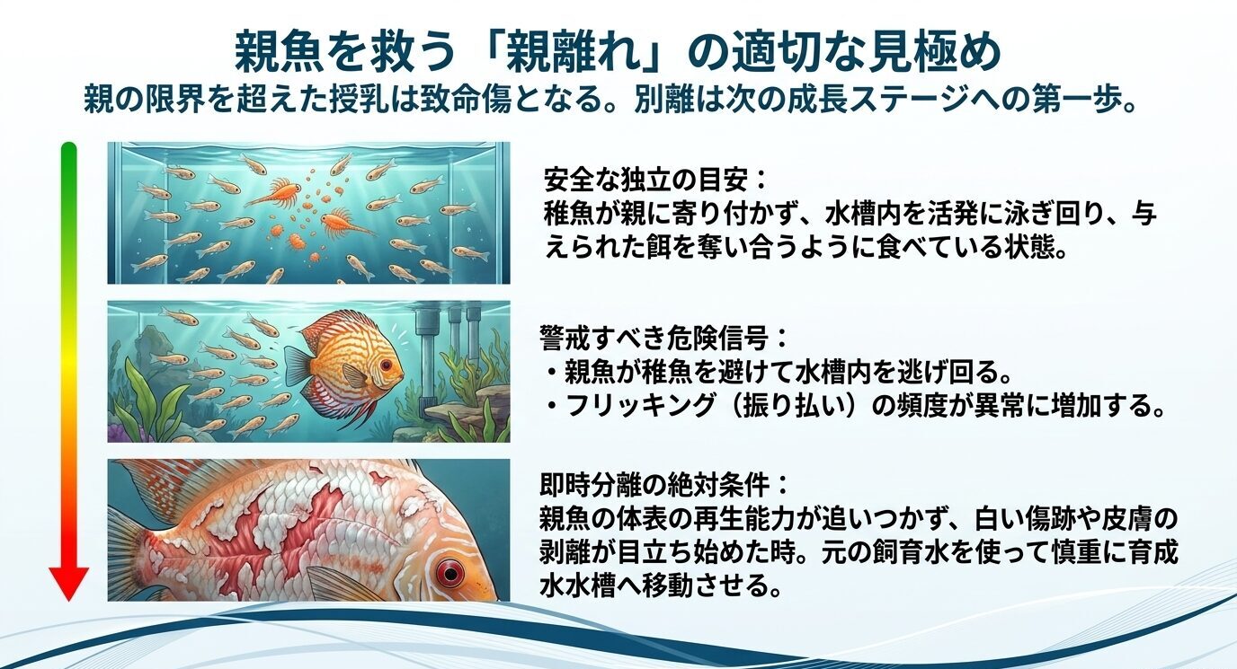 稚魚が自立して泳ぐ状態から親魚の皮膚損傷までを段階表示し、親離れの適切なタイミングと危険信号を示した図。