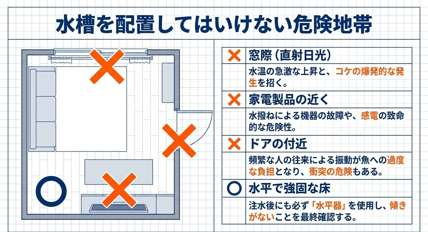 窓際、家電の近く、ドア付近を避け、水平で強固な床に設置すべきことを示した配置イメージ図