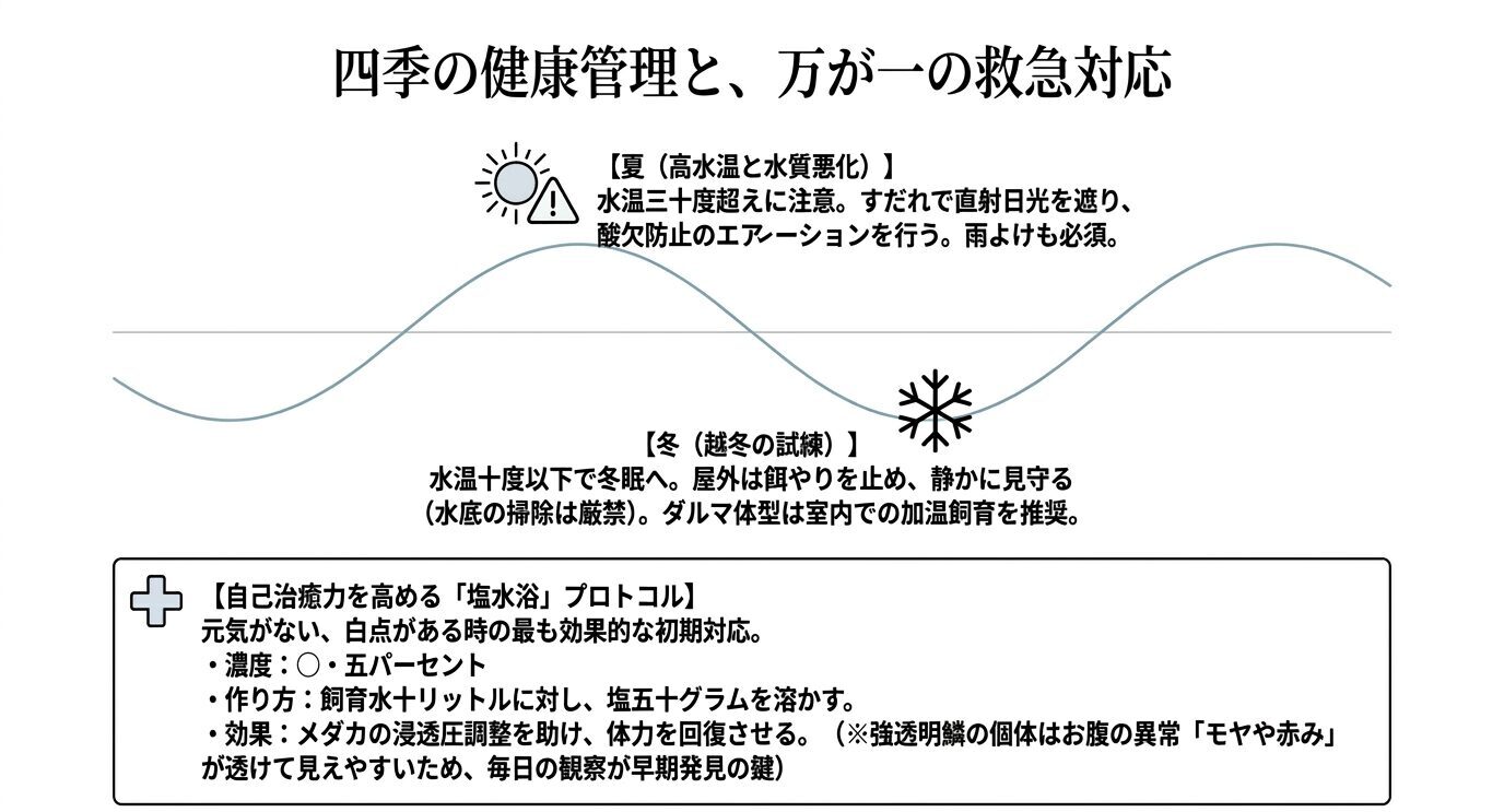 夏の高水温対策、冬の越冬準備、0.5パーセント塩水浴の作り方と効果をまとめた季節管理と応急対応の図。