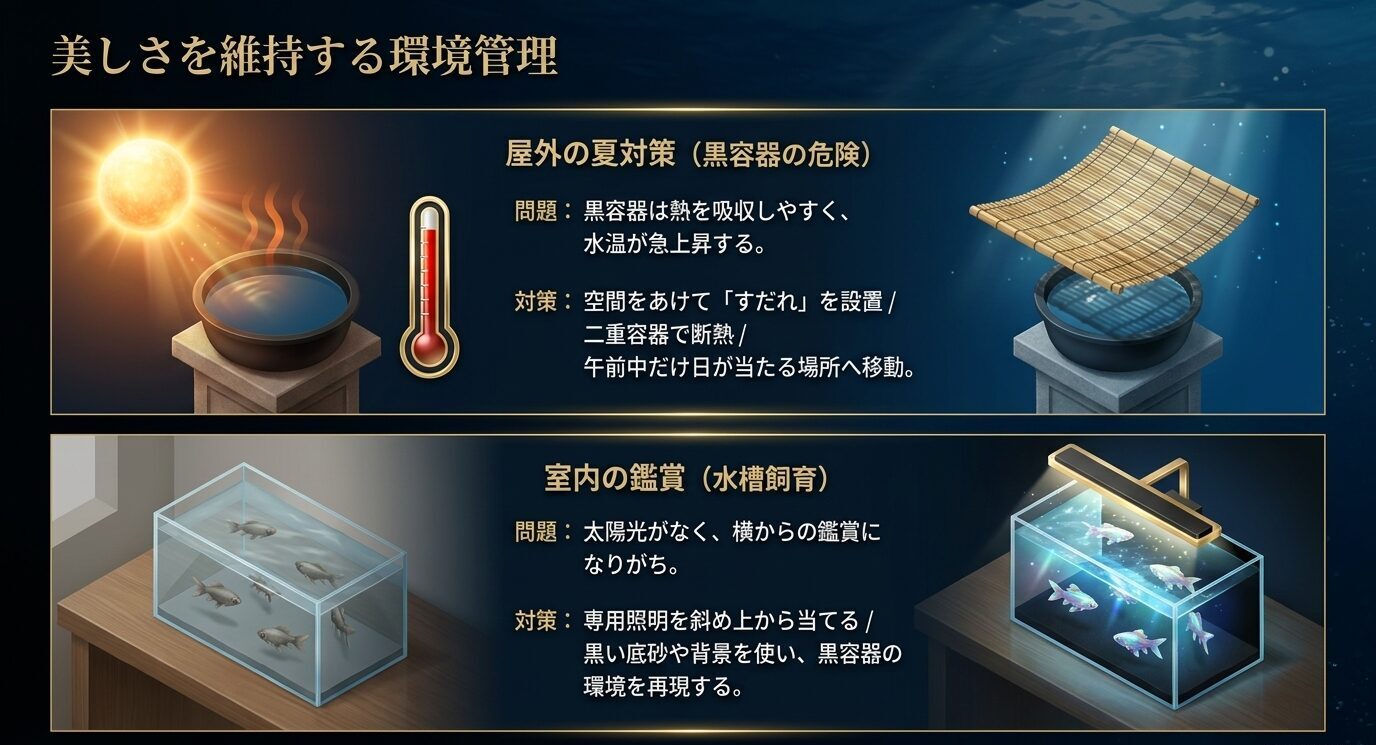 黒容器の屋外夏対策としてすだれや設置場所の工夫を示し、あわせて室内水槽では照明と黒背景で鑑賞性を高める方法を上下2段でまとめた図。