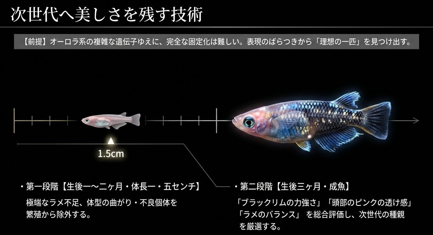 1.5cm前後の若魚段階と成魚段階の2段階で、ラメ量や体型、ブラックリム、頭部の透け感を評価する選別工程図。