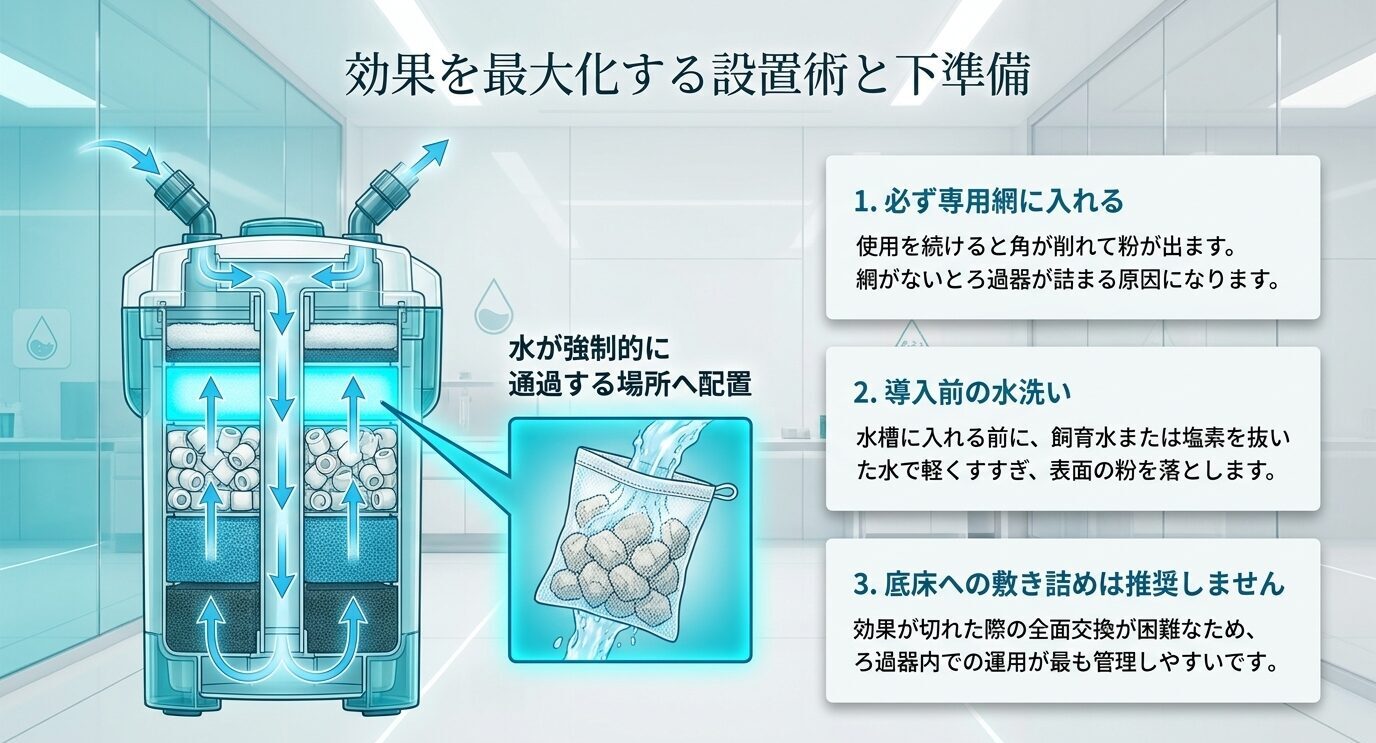 外部フィルター内で水が通過する場所にネット入りゼオライトを設置し、使用前にすすぐ手順を示した図。