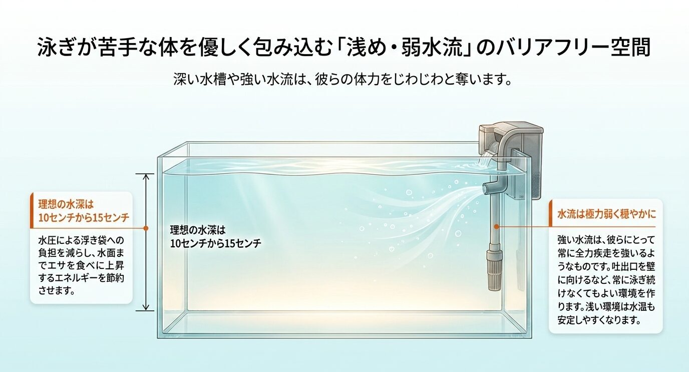 ダルマメダカに適した水深10cmから15cmの浅い水槽と、吐出口を調整した穏やかな水流のフィルター環境を示した図
