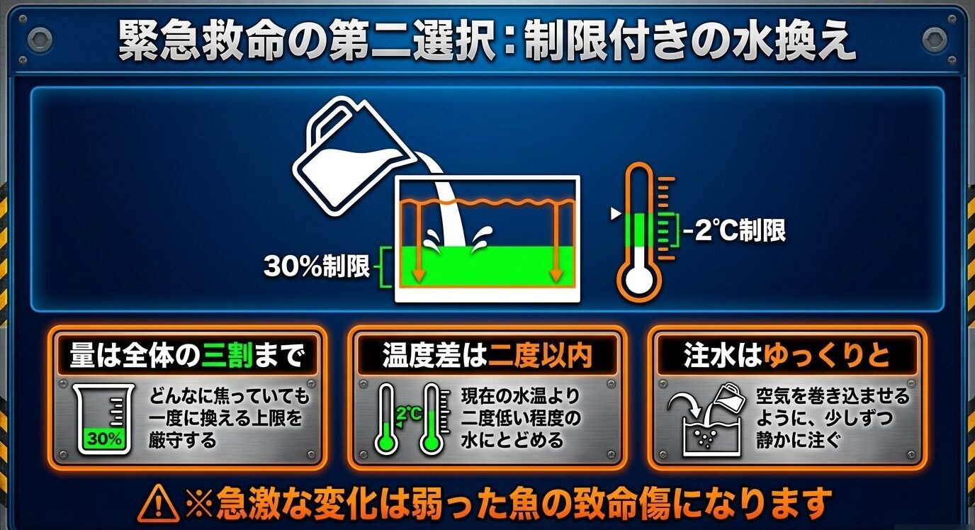 緊急水換えでは量は全体の30%まで、温度差は2℃以内、注水はゆっくり行うべきことを示した図