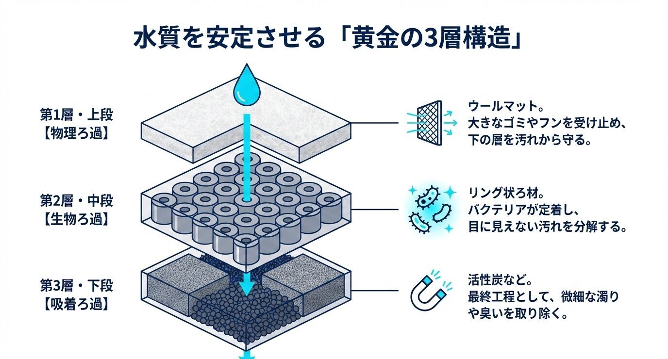 上段のウールマットで物理ろ過、中段のリングろ材で生物ろ過、下段の活性炭などで吸着ろ過を行う3層構造を示した図。