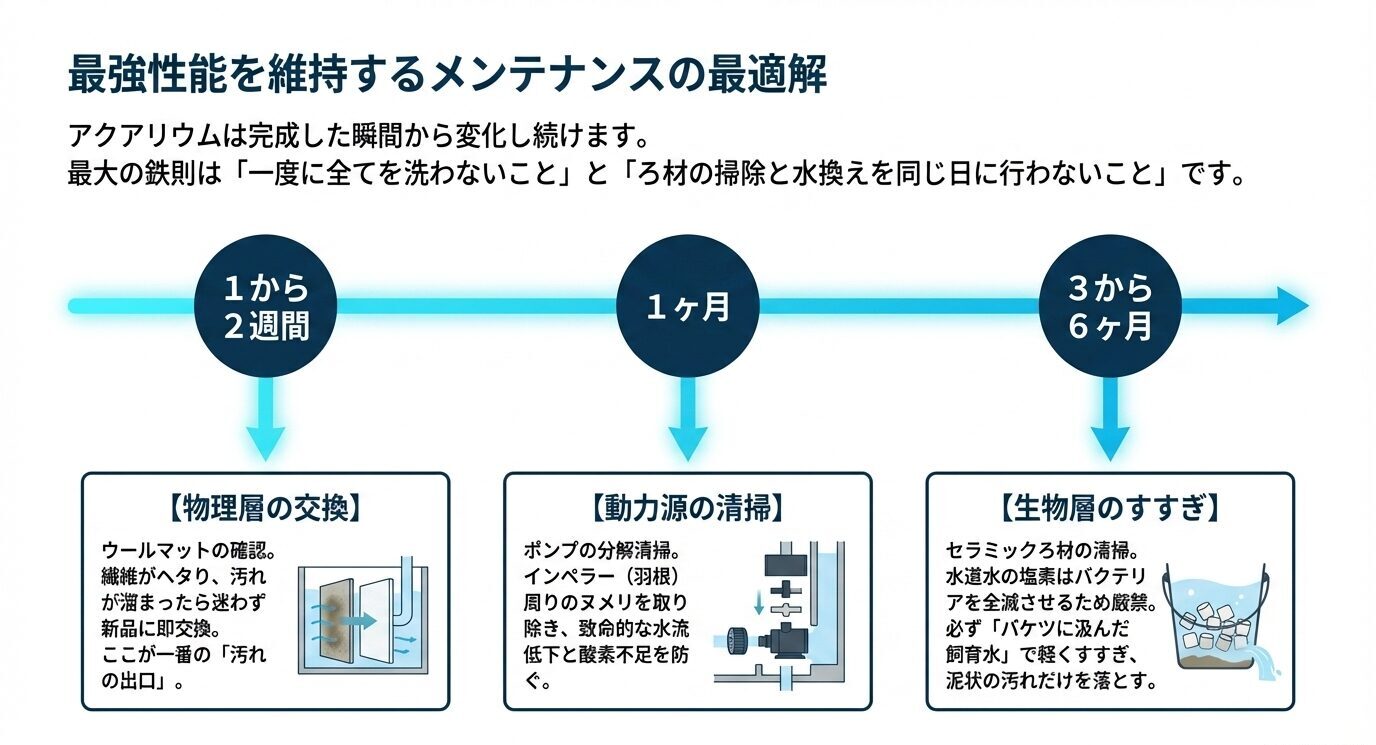 1〜2週間、1か月、3〜6か月ごとのウールマット交換、ポンプ清掃、生物ろ材すすぎの目安を示したタイムライン図