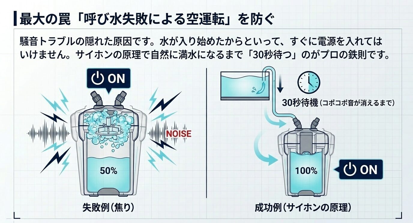 半分しか水が入っていない状態で通電する失敗例と、満水後に通電する成功例を比較した呼び水手順図。