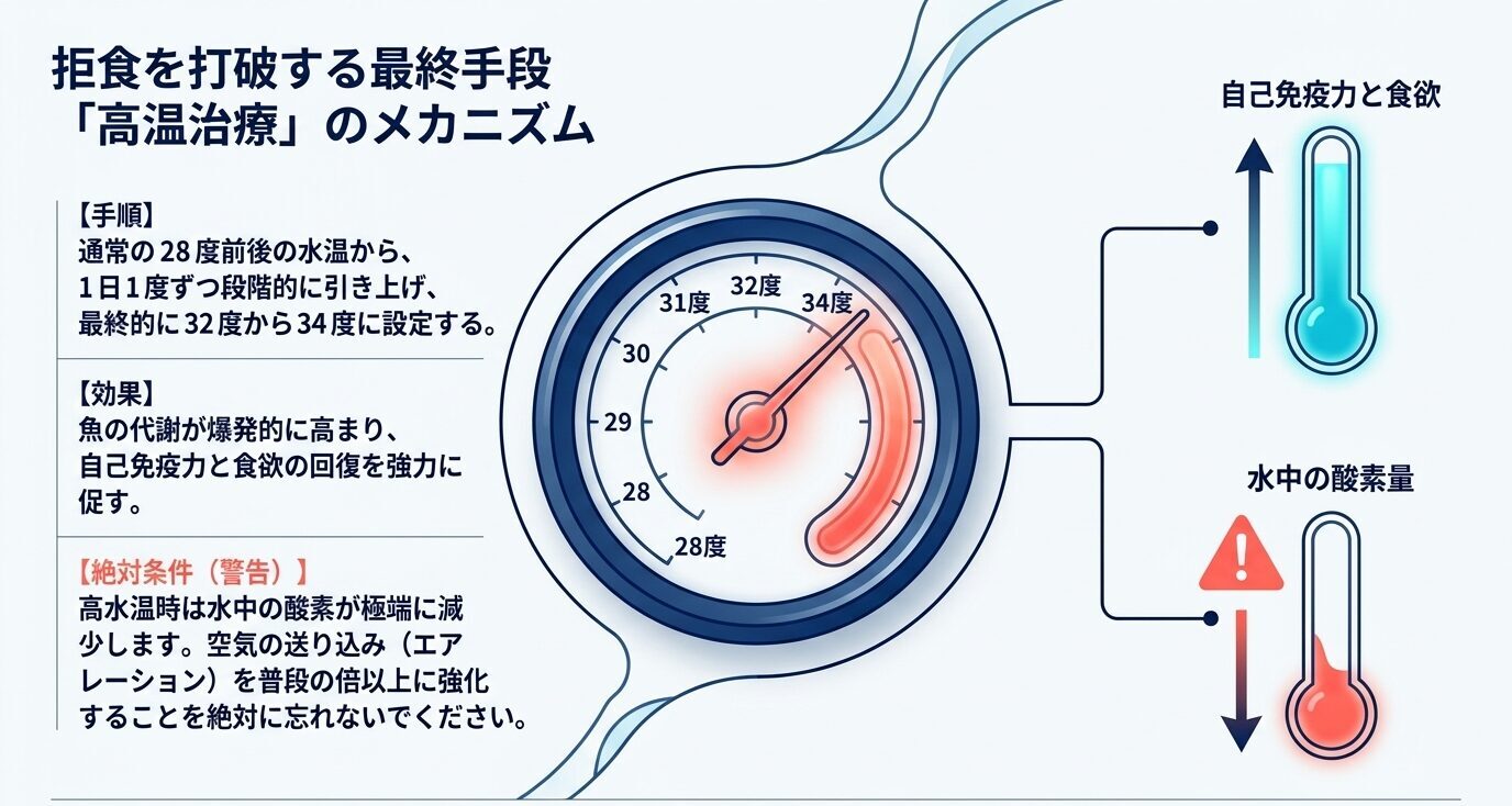水温を32〜34度へ段階的に上げることで代謝と食欲の回復を促す一方、水中酸素量が下がるため強いエアレーションが必要と示した図