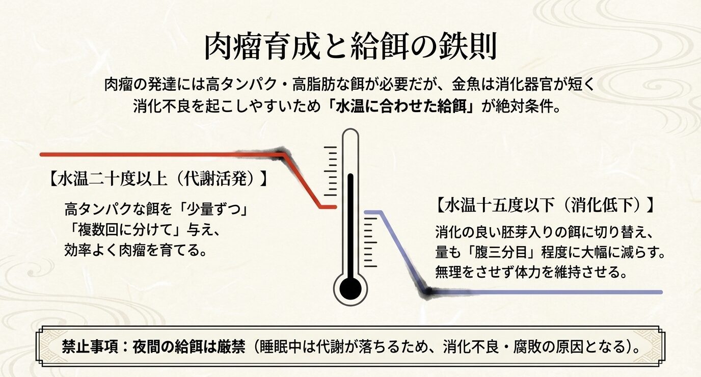 水温20度以上では高タンパク餌を少量ずつ複数回、水温15度以下では消化しやすい餌に切り替えて量を減らし、夜間給餌は避けると示した図