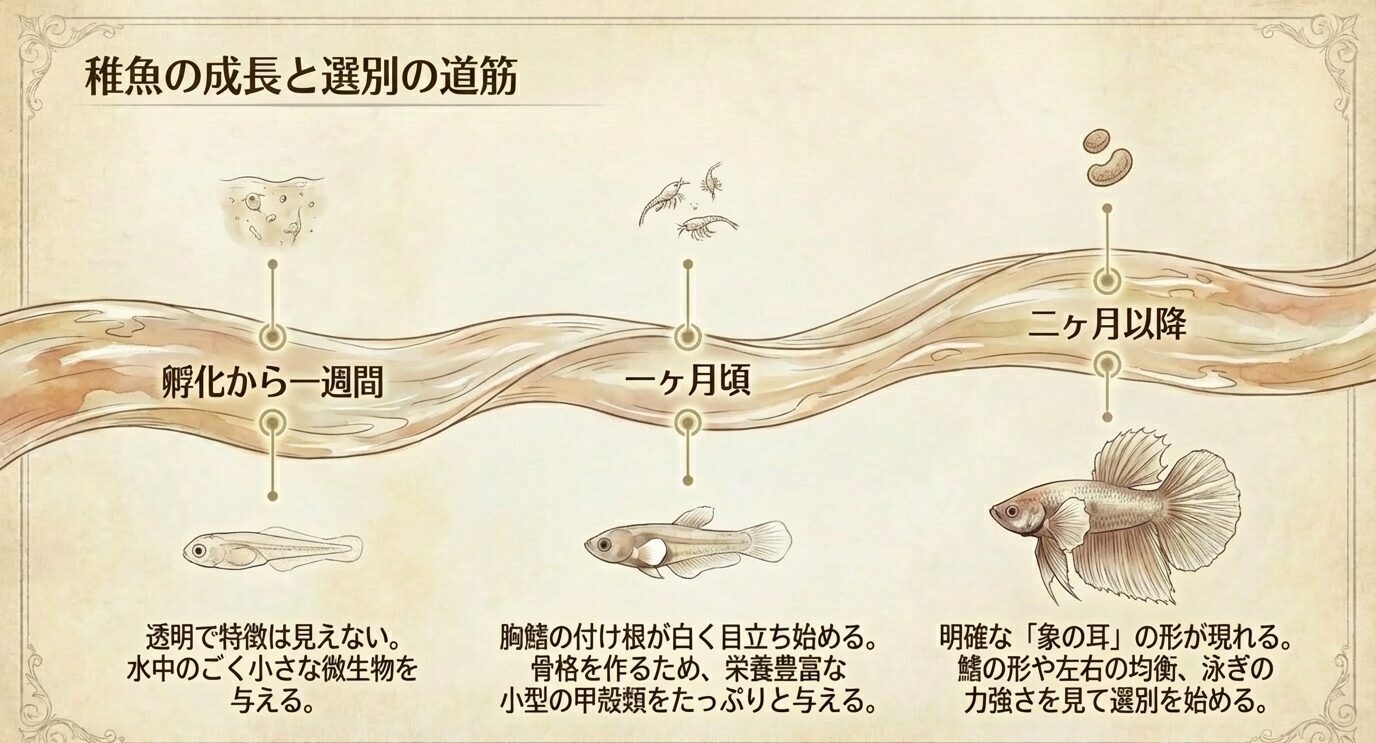 孵化直後から1か月、2か月以降までの稚魚の成長段階と餌の変化、胸鰭の発達、選別の目安を時系列で示した図
