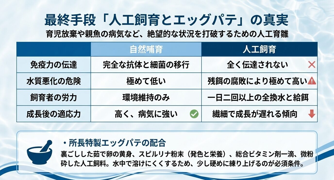 自然哺育と人工飼育を比較した表と、卵黄・スピルリナ・ビタミン・人工飼料を使うエッグパテ配合を示したスライド。