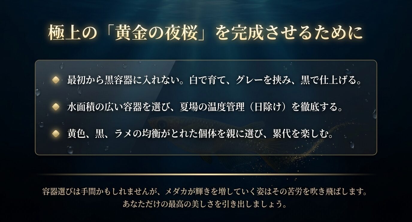 白からグレー、黒への容器移行、水面積の広い容器選び、夏場の遮光、親魚選びの要点を箇条書きで総括したまとめスライド。