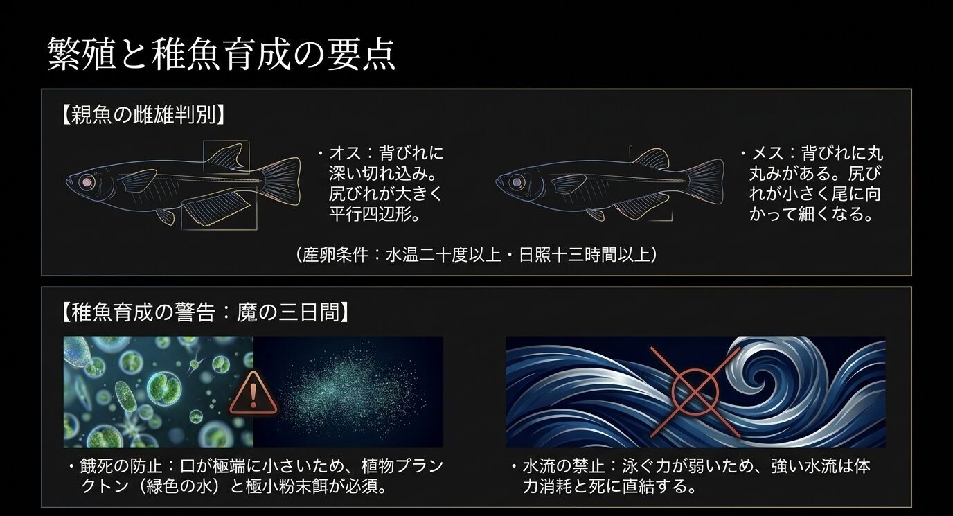 オスとメスのヒレ形状の違い、水温と日照の産卵条件、針子の餓死防止と強い水流を避ける注意点をまとめた解説画像。
