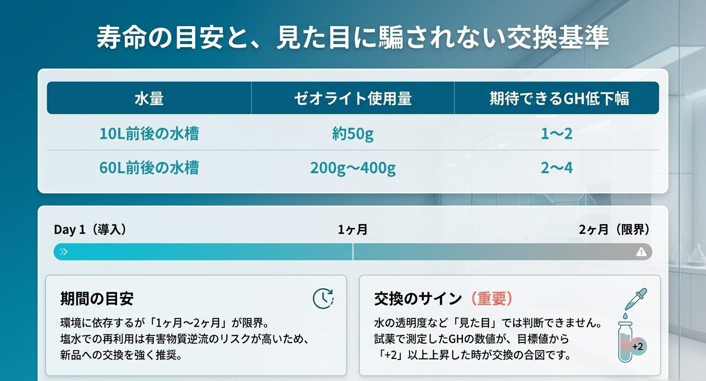 10L前後と60L前後の水槽におけるゼオライト使用量、期待できるGH低下幅、1〜2ヶ月の交換目安を示した表とタイムライン。