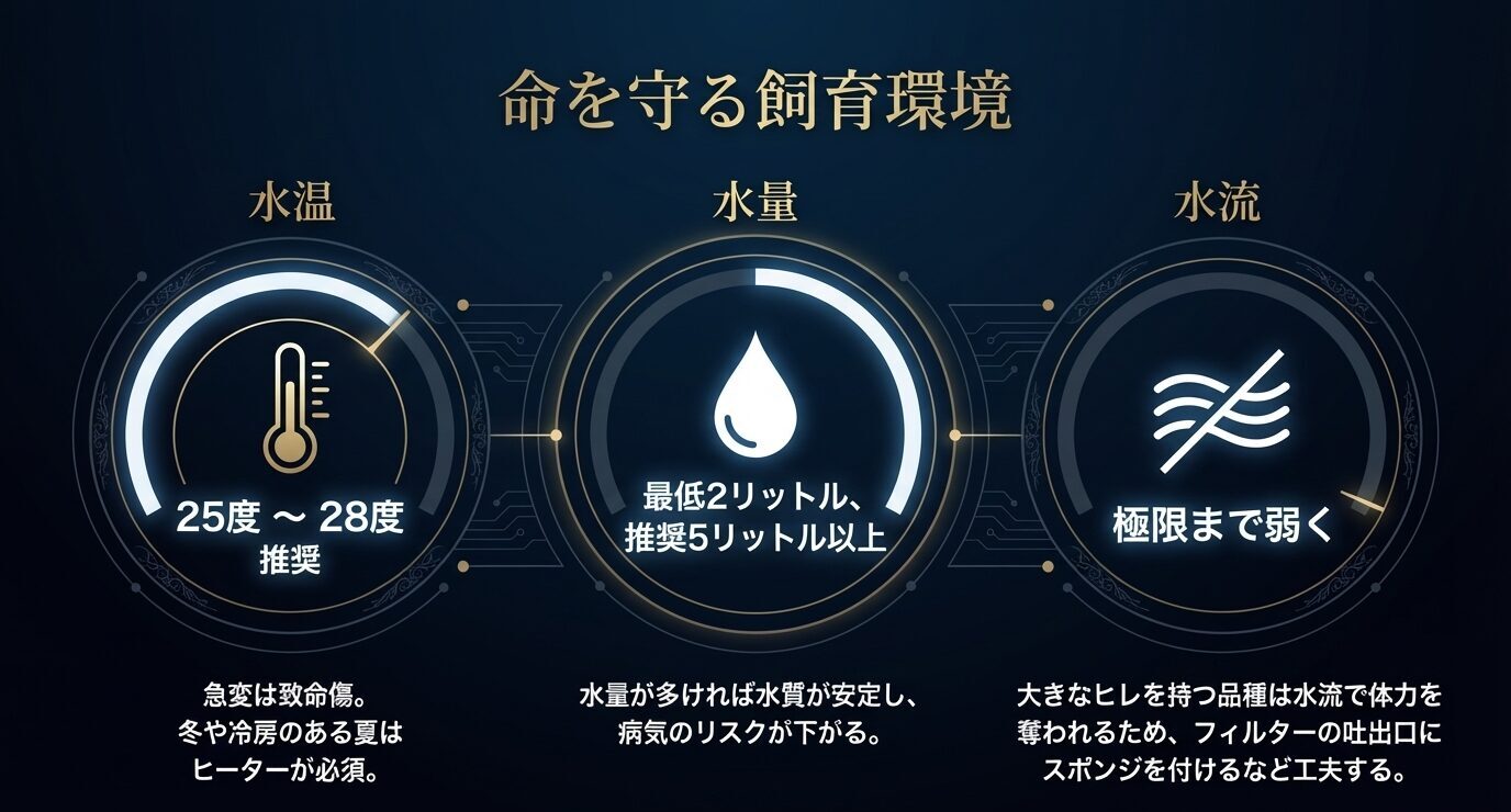 水温25〜28度、水量は最低2リットルで推奨5リットル以上、水流は極力弱くするという3条件を示した図