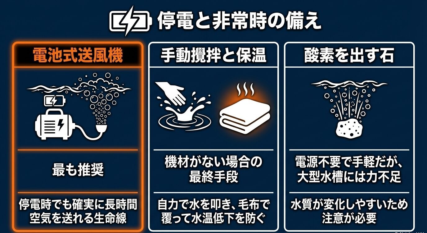 停電時の備えとして、電池式送風機が最推奨、手動攪拌と保温は最終手段、酸素を出す石は小型向けと示した比較図