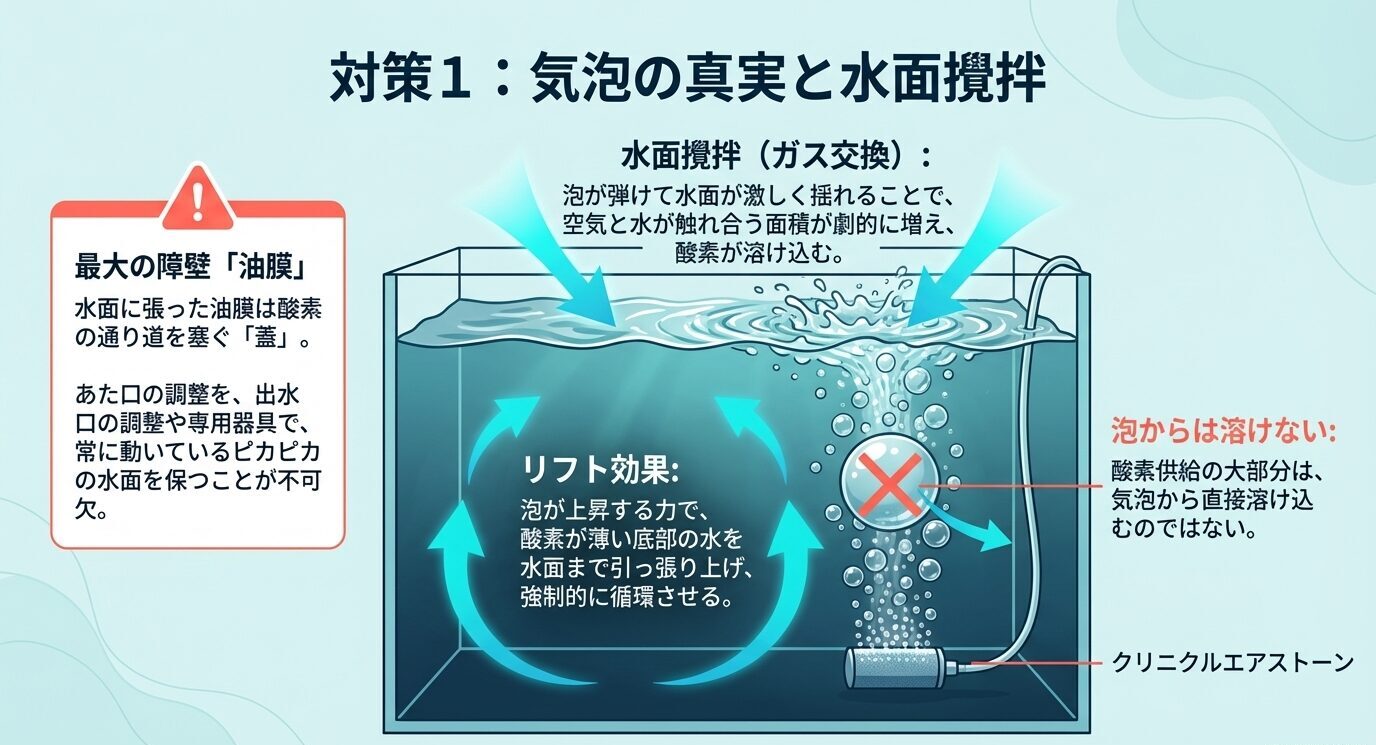 エアストーンの泡が水面を揺らし、ガス交換とリフト効果で酸素供給を助ける仕組みを示した水槽図